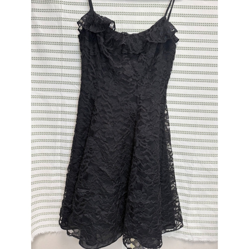 Expo Nite 90s Women Mini Dress Black Floral Lace Ruffle Spaghetti Strap Size 8